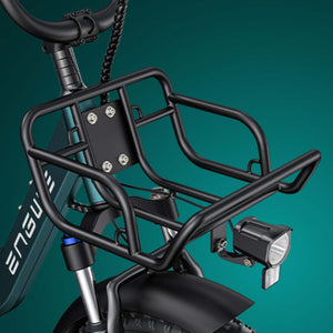Front-mounted utility basket on Engwe L20 Boost with integrated LED headlight for enhanced cargo handling and night visibility.