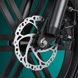 Close-up of 160mm mechanical disc brake on Engwe L20 Boost electric bike for reliable stopping power and control