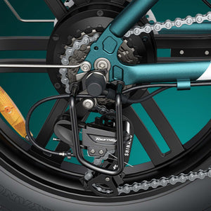 Shimano Tourney 7-speed derailleur system on Engwe L20 Boost for smooth shifting and reliable transmission performance.
