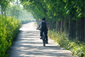 Man cycling through a tree-lined path on an e-bike, enjoying a peaceful outdoor ride on a sunny day.