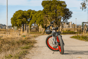 Fat tyre electric bike with striking red rims parked on a gravel path, perfect for off-road and urban adventures.