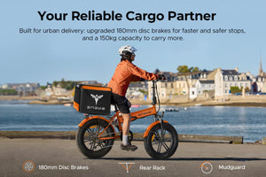 Engwe EP-2 Boost in use for cargo delivery, featuring rear rack, 180mm disc brakes, and 150kg load capacity.