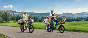 A family riding the Engwe LE20 cargo bike on a scenic lakeside trail with panoramic mountain views.