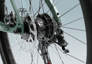 Close-up of the Mivice 250W rear hub motor with precision-engineered disc brake system on the Engwe MapFour N1 Air e-bike, designed for smooth acceleration and reliable stopping power.