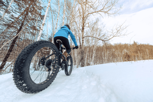 Mountain biker on a fat tyre bike riding through a snowy forest trail, wearing a blue jacket, with tall birch trees and a clear winter sky in the background, showcasing outdoor winter cycling.