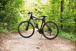 Electric hybrid bike parked on a forest trail, highlighting its versatility for both urban commuting and off-road exploration in nature.