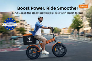 Man riding Engwe EP-2 Boost electric bike on city street, showcasing EU-legal 250W motor and upgraded smart torque for smooth urban commuting.