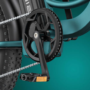 Close-up of Engwe L20 Boost e-bike crankset and chainring, showing high-efficiency pedalling mechanics and robust aluminium build.