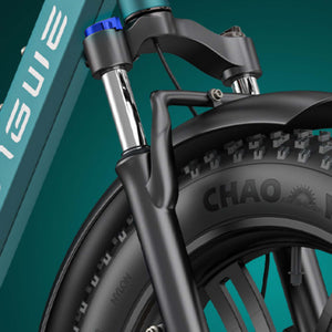 Engwe L20 Boost electric bike front suspension fork for superior shock absorption and comfort across bumpy terrain.