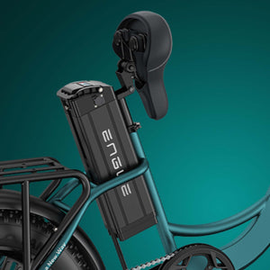 Close-up of Engwe L20 Boost removable lithium battery integrated under seat for secure, efficient charging and storage.