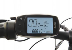 LCD display on the Wisper 705 Step-Through Electric Bike showing speed, battery level, and power assist settings.