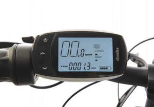 LCD display on the Wisper 806 Folding Electric Bike showing trip distance, speed, and battery level.