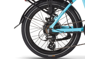 Close-up of the Wisper 806 Folding Electric Bike's rear wheel featuring Shimano gear system and robust tyres.