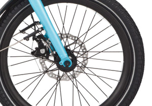 Front wheel of the Wisper 806 Folding Electric Bike with powerful disc brakes and reflective tyre strip.