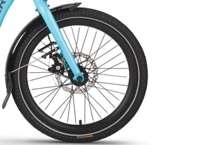 Detailed view of the Wisper 806 Folding e-bike's front wheel with fender and durable tyre design.